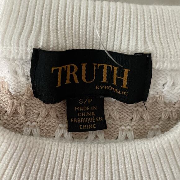 Truth by Republic Sweater Womens Size Small Cream Mocha Stripe Short Puff Slv - Picture 5 of 7